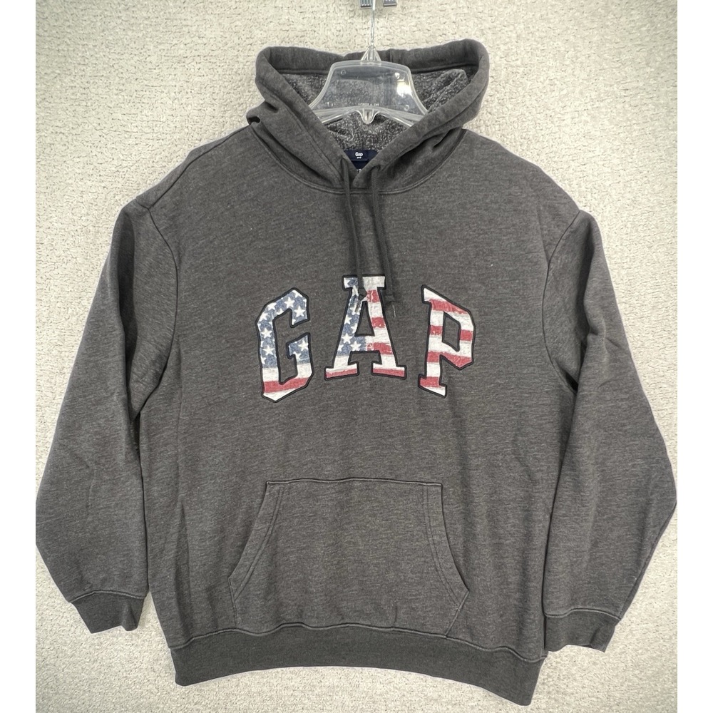 Gap Hoodie Mens XL Arch USA American Flag Logo Charcoal Gray Fleece EUC